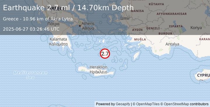 Earthquake DODECANESE ISLANDS, GREECE (2.7 ml) (2025-06-27 03:26:46 UTC)