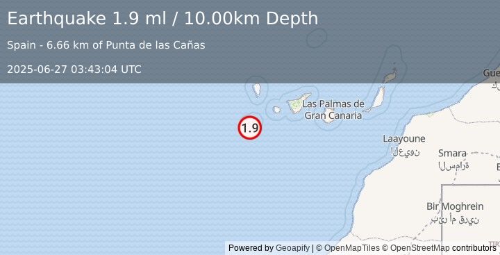 Earthquake CANARY ISLANDS, SPAIN REGION (1.9 ml) (2025-06-27 03:43:04 UTC)