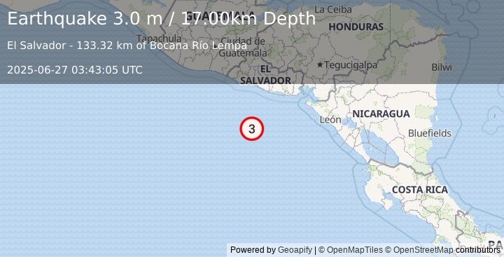 Earthquake OFF THE COAST OF EL SALVADOR (3.0 m) (2025-06-27 03:43:05 UTC)