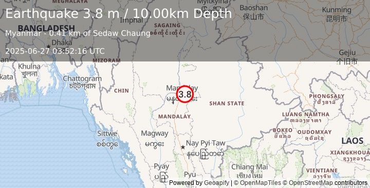 Earthquake MYANMAR (3.8 m) (2025-06-27 03:52:16 UTC)