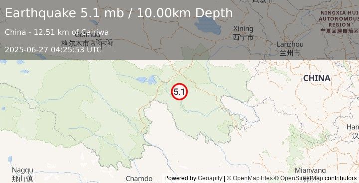 Earthquake SOUTHERN QINGHAI, CHINA (5.1 mb) (2025-06-27 04:25:53 UTC)