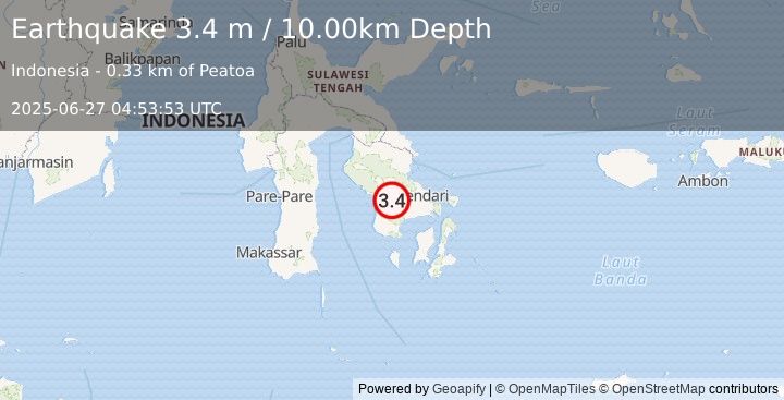 Earthquake SULAWESI, INDONESIA (3.4 m) (2025-06-27 04:53:53 UTC)