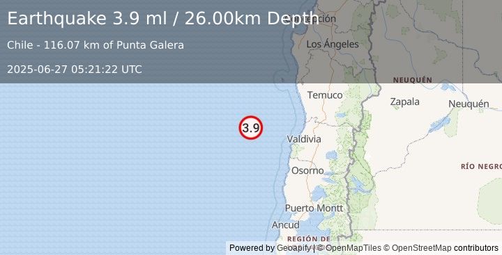 Earthquake OFF COAST OF LOS LAGOS, CHILE (4.0 ml) (2025-06-27 05:21:21 UTC)