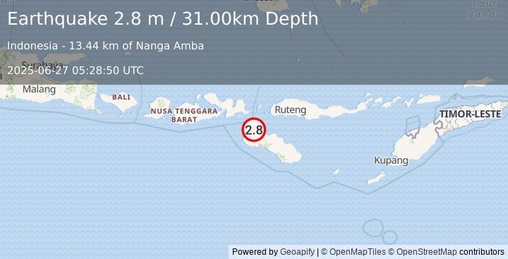 Earthquake SUMBA REGION, INDONESIA (2.8 m) (2025-06-27 05:28:50 UTC)