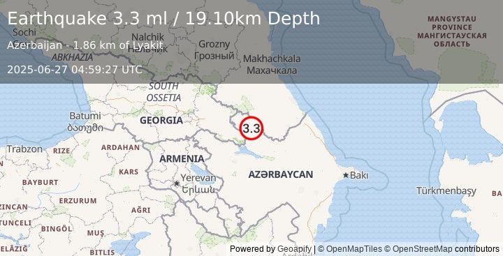 Earthquake AZERBAIJAN (3.3 ml) (2025-06-27 04:59:27 UTC)