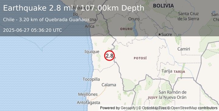 Earthquake TARAPACA, CHILE (2.8 ml) (2025-06-27 05:36:20 UTC)