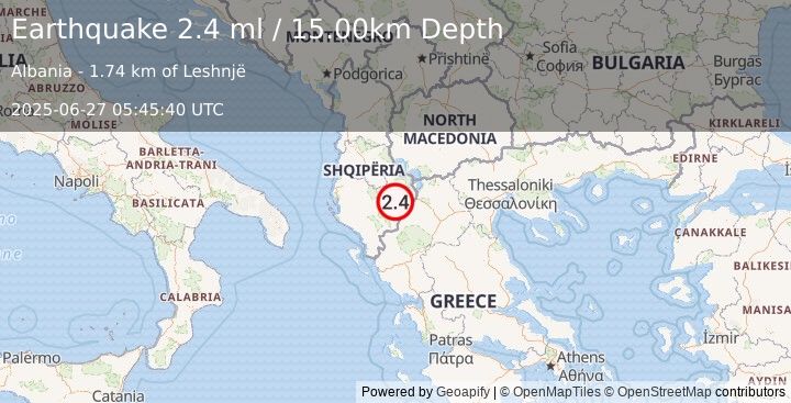 Earthquake ALBANIA (2.4 ml) (2025-06-27 05:45:40 UTC)