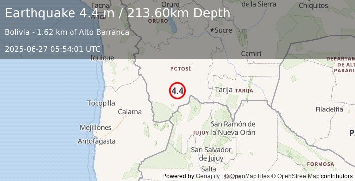 Earthquake POTOSI, BOLIVIA (4.4 m) (2025-06-27 05:54:01 UTC)