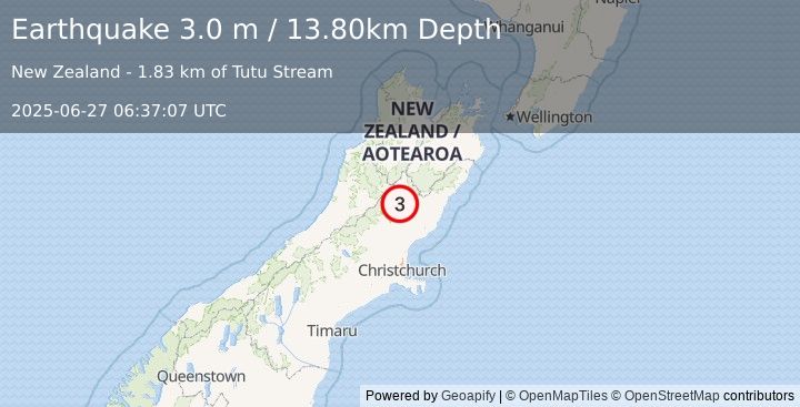 Earthquake SOUTH ISLAND OF NEW ZEALAND (3.0 m) (2025-06-27 06:37:07 UTC)