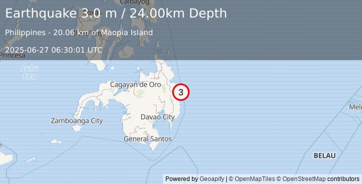 Earthquake MINDANAO, PHILIPPINES (3.0 m) (2025-06-27 06:30:01 UTC)