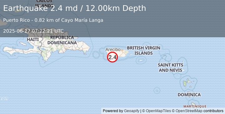Earthquake PUERTO RICO REGION (2.4 md) (2025-06-27 07:22:21 UTC)