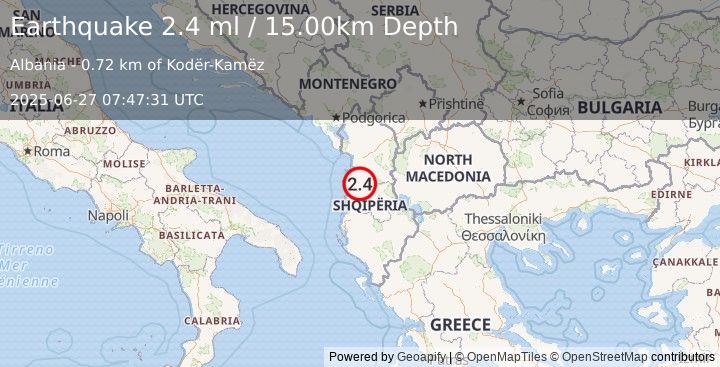 Earthquake ALBANIA (2.4 ml) (2025-06-27 07:47:31 UTC)
