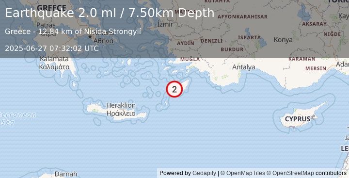 Earthquake DODECANESE IS.-TURKEY BORDER REG (2.0 ml) (2025-06-27 07:32:02 UTC)