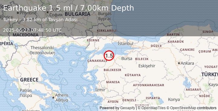 Earthquake WESTERN TURKEY (1.5 ml) (2025-06-27 07:48:50 UTC)