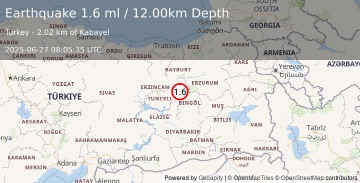 Earthquake EASTERN TURKEY (1.6 ml) (2025-06-27 08:05:35 UTC)
