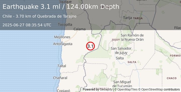 Earthquake ANTOFAGASTA, CHILE (3.1 ml) (2025-06-27 08:35:54 UTC)