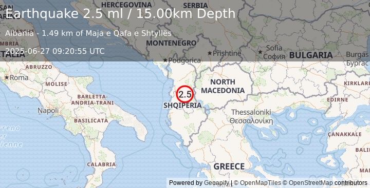 Earthquake ALBANIA (2.5 ml) (2025-06-27 09:20:55 UTC)