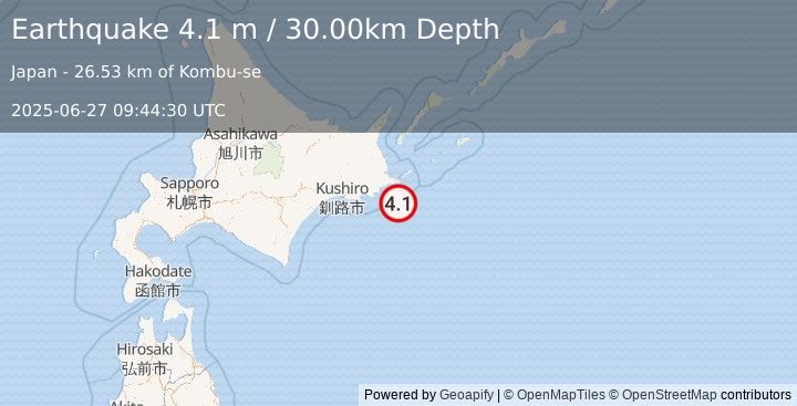 Earthquake HOKKAIDO, JAPAN REGION (4.1 m) (2025-06-27 09:44:30 UTC)