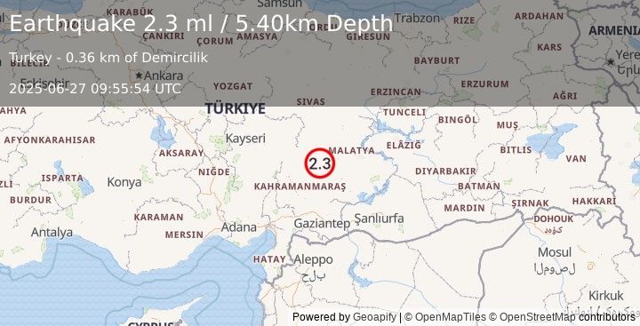 Earthquake CENTRAL TURKEY (2.3 ml) (2025-06-27 09:55:54 UTC)