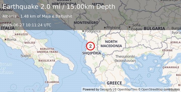 Earthquake ALBANIA (2.0 ml) (2025-06-27 10:11:24 UTC)