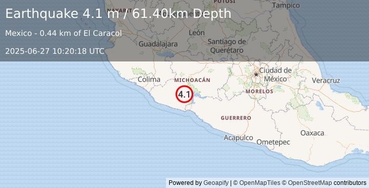 Earthquake MICHOACAN, MEXICO (4.1 m) (2025-06-27 10:20:18 UTC)
