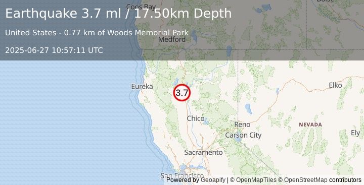 Earthquake NORTHERN CALIFORNIA (3.7 ml) (2025-06-27 10:57:11 UTC)