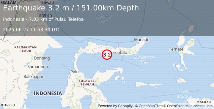 Earthquake MINAHASA, SULAWESI, INDONESIA (3.2 m) (2025-06-27 11:53:30 UTC)
