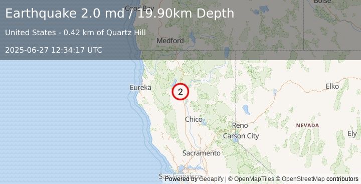 Earthquake NORTHERN CALIFORNIA (2.0 md) (2025-06-27 12:34:17 UTC)