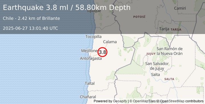 Earthquake ANTOFAGASTA, CHILE (3.5 ml) (2025-06-27 13:01:39 UTC)