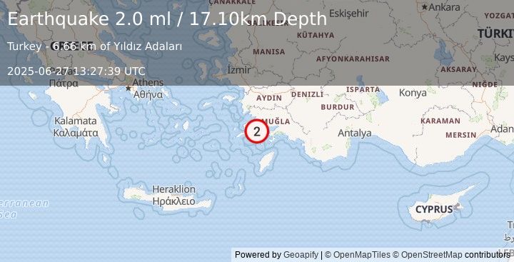 Earthquake DODECANESE IS.-TURKEY BORDER REG (1.9 ml) (2025-06-27 13:27:40 UTC)