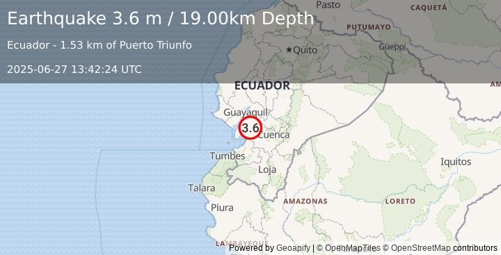 Earthquake NEAR COAST OF ECUADOR (3.6 m) (2025-06-27 13:42:24 UTC)