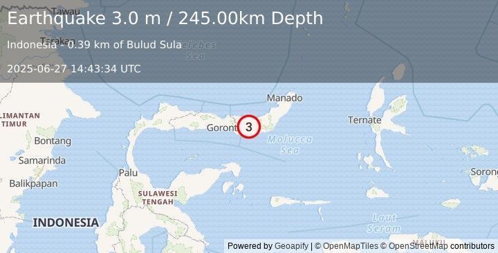 Earthquake MINAHASA, SULAWESI, INDONESIA (3.0 m) (2025-06-27 14:43:34 UTC)
