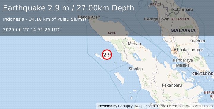 Earthquake SIMEULUE, INDONESIA (2.9 m) (2025-06-27 14:51:26 UTC)