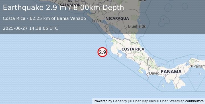 Earthquake OFF COAST OF COSTA RICA (2.9 m) (2025-06-27 14:38:05 UTC)
