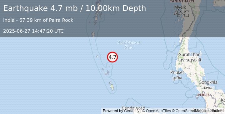 Earthquake NICOBAR ISLANDS, INDIA REGION (4.7 mb) (2025-06-27 14:47:20 UTC)