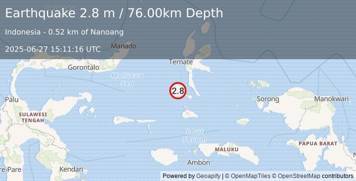 Earthquake HALMAHERA, INDONESIA (2.8 m) (2025-06-27 15:11:16 UTC)