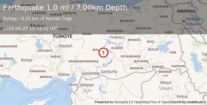 Earthquake EASTERN TURKEY (1.0 ml) (2025-06-27 15:14:32 UTC)