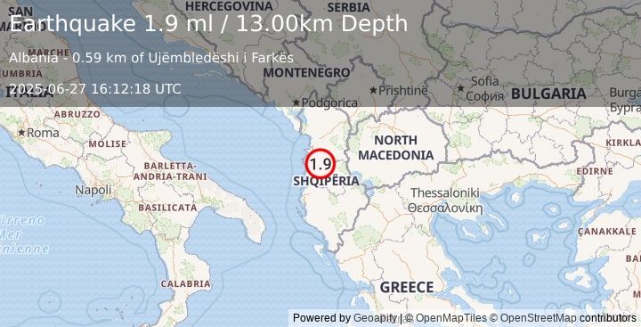 Earthquake ALBANIA (1.9 ml) (2025-06-27 16:12:18 UTC)