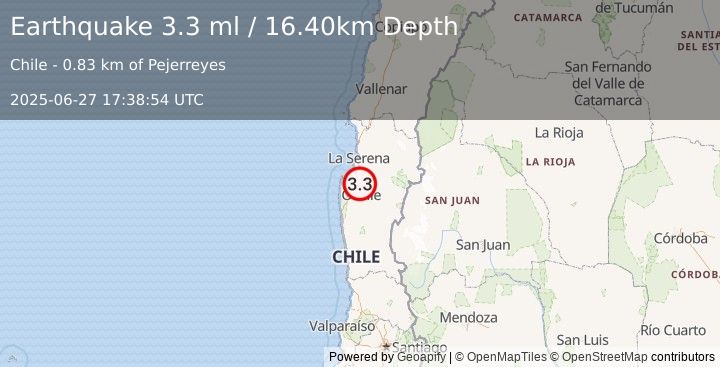 Earthquake COQUIMBO, CHILE (3.3 ml) (2025-06-27 17:38:54 UTC)