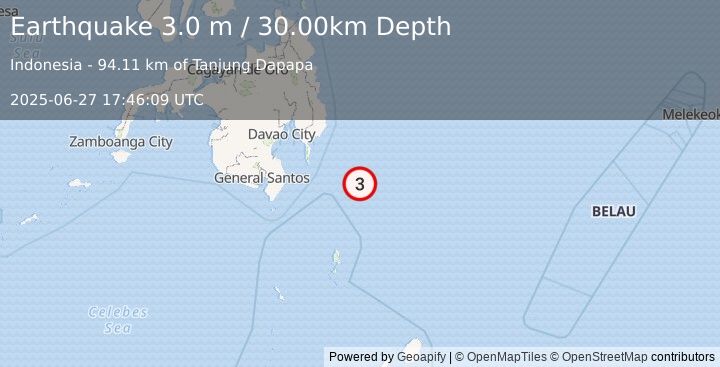 Earthquake PHILIPPINE ISLANDS REGION (3.0 m) (2025-06-27 17:46:09 UTC)
