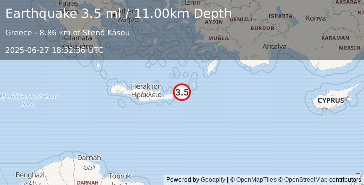 Earthquake CRETE, GREECE (3.5 ml) (2025-06-27 18:32:36 UTC)