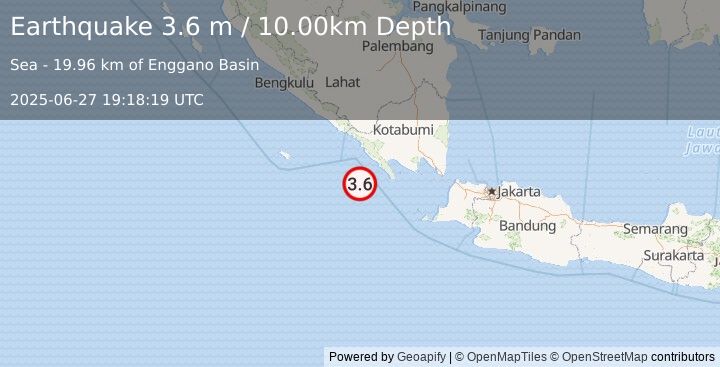 Earthquake SOUTHWEST OF SUMATRA, INDONESIA (3.6 m) (2025-06-27 19:18:19 UTC)