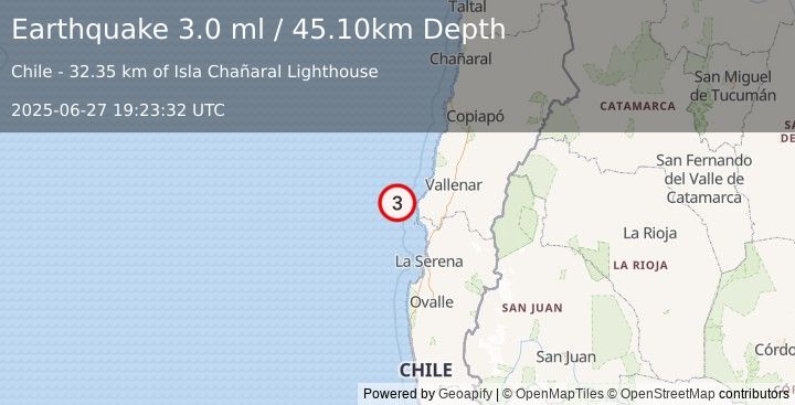 Earthquake OFFSHORE ATACAMA, CHILE (3.0 ml) (2025-06-27 19:23:32 UTC)