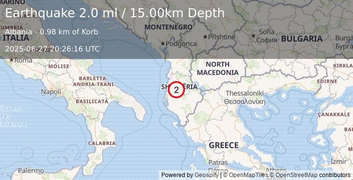 Earthquake ALBANIA (2.0 ml) (2025-06-27 20:26:16 UTC)