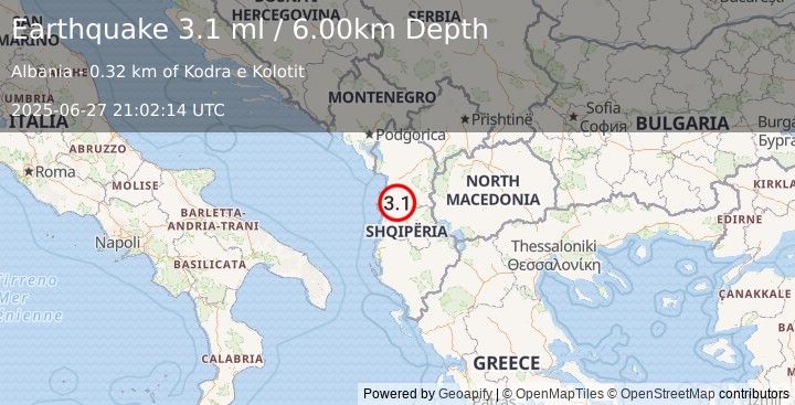 Earthquake ALBANIA (3.1 ml) (2025-06-27 21:02:14 UTC)