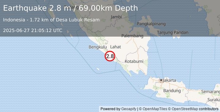 Earthquake SOUTHERN SUMATRA, INDONESIA (2.8 m) (2025-06-27 21:05:12 UTC)