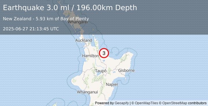 Earthquake NORTH ISLAND OF NEW ZEALAND (3.0 ml) (2025-06-27 21:13:45 UTC)