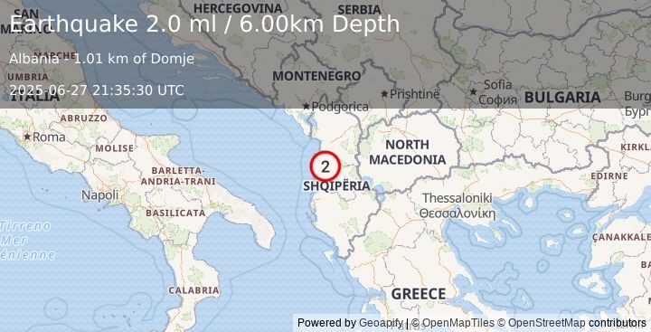 Earthquake ALBANIA (2.0 ml) (2025-06-27 21:35:30 UTC)