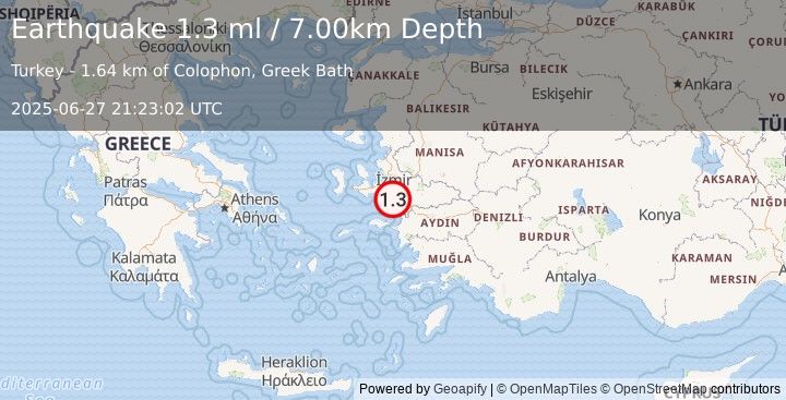 Earthquake WESTERN TURKEY (1.3 ml) (2025-06-27 21:23:02 UTC)