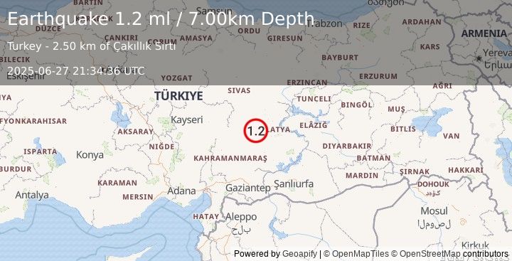 Earthquake CENTRAL TURKEY (1.2 ml) (2025-06-27 21:34:36 UTC)